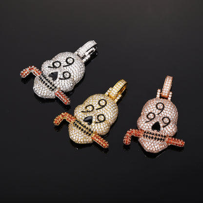 Iced Out Skull Pendant Necklace with Rope Chain, Cubic Zirconia Hip Hop Statement Chain for Men & Women