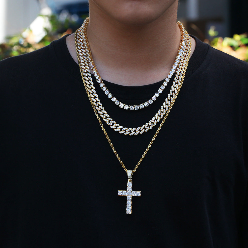 Iced Cross Pendant Necklace with Square Cubic Zirconia - Gold or Silver Tone Stainless Steel Rope Chain or Cuban Chain for Women and Men