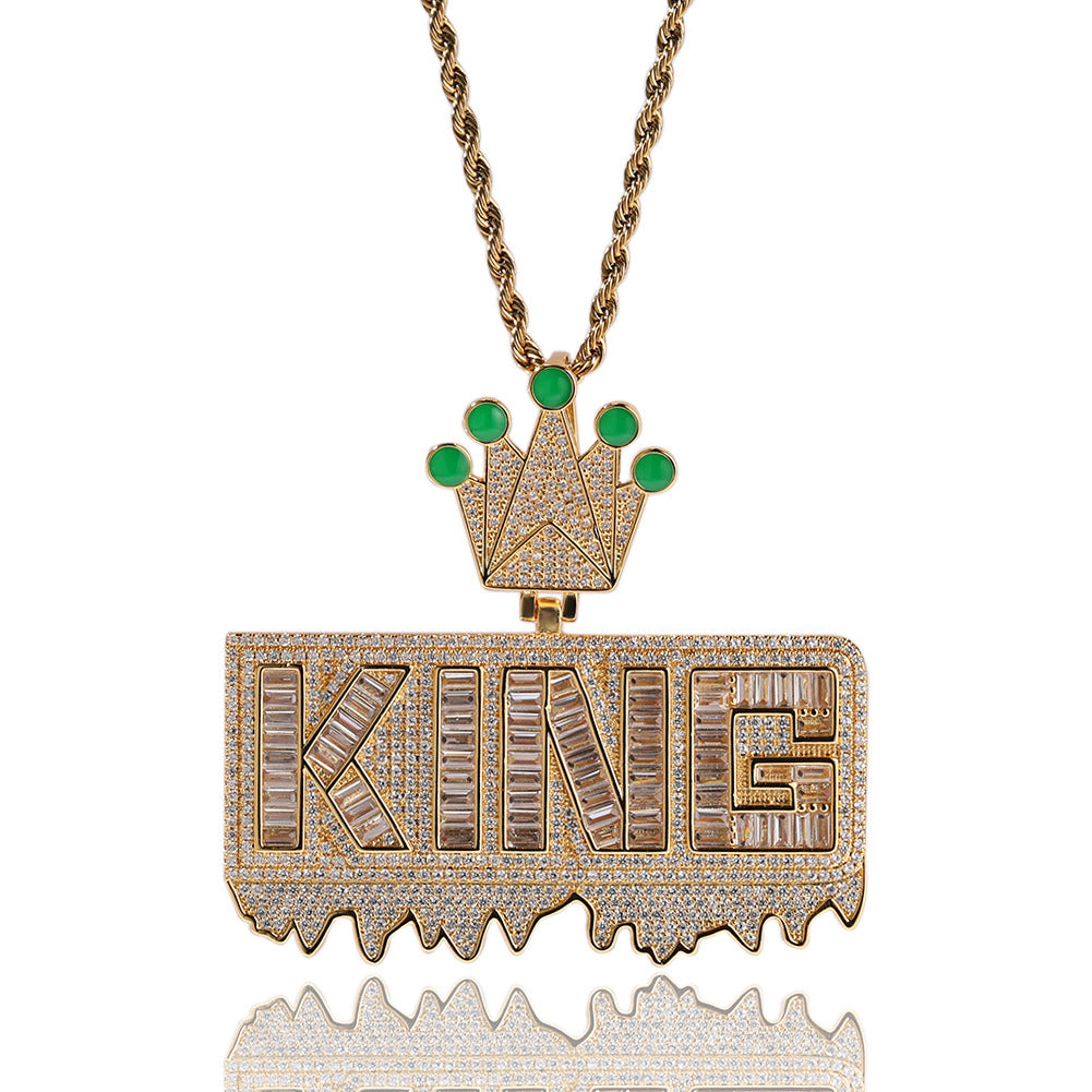Iced Out KING Letter Pendant Necklace for Men and Women with Cubic Zirconia, Gold Plated Copper Hip Hop Statement Chain, 24 Inch Rope Twist Chain
