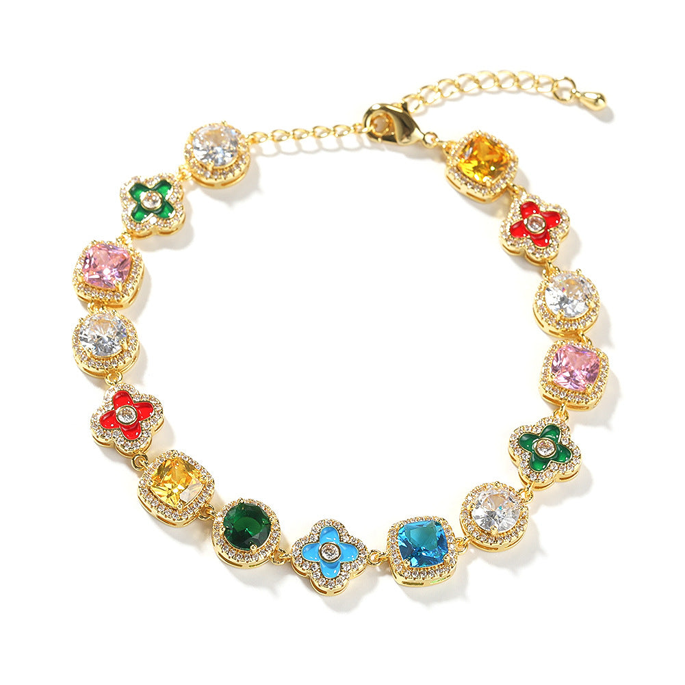 Unisex Colorful Cubic Zirconia Chain Bracelet in Silver Tone - Geometric Round Square Floral Statement Bracelet product image