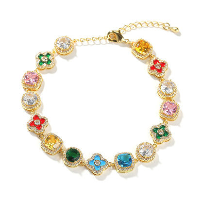 Unisex Colorful Cubic Zirconia Chain Bracelet in Silver Tone - Geometric Round Square Floral Statement Bracelet