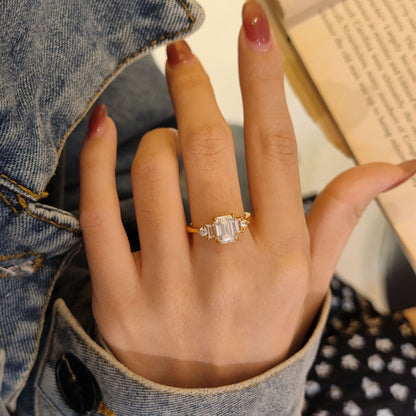 Emerald Cut Moissanite Ring, 2 Carat, S925 Sterling Silver, Gold-Tone Finish