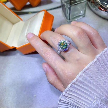 3 Carat Green Moissanite Halo Ring for Women, Round Geometric Engagement Style Ring, Sizes 8-19