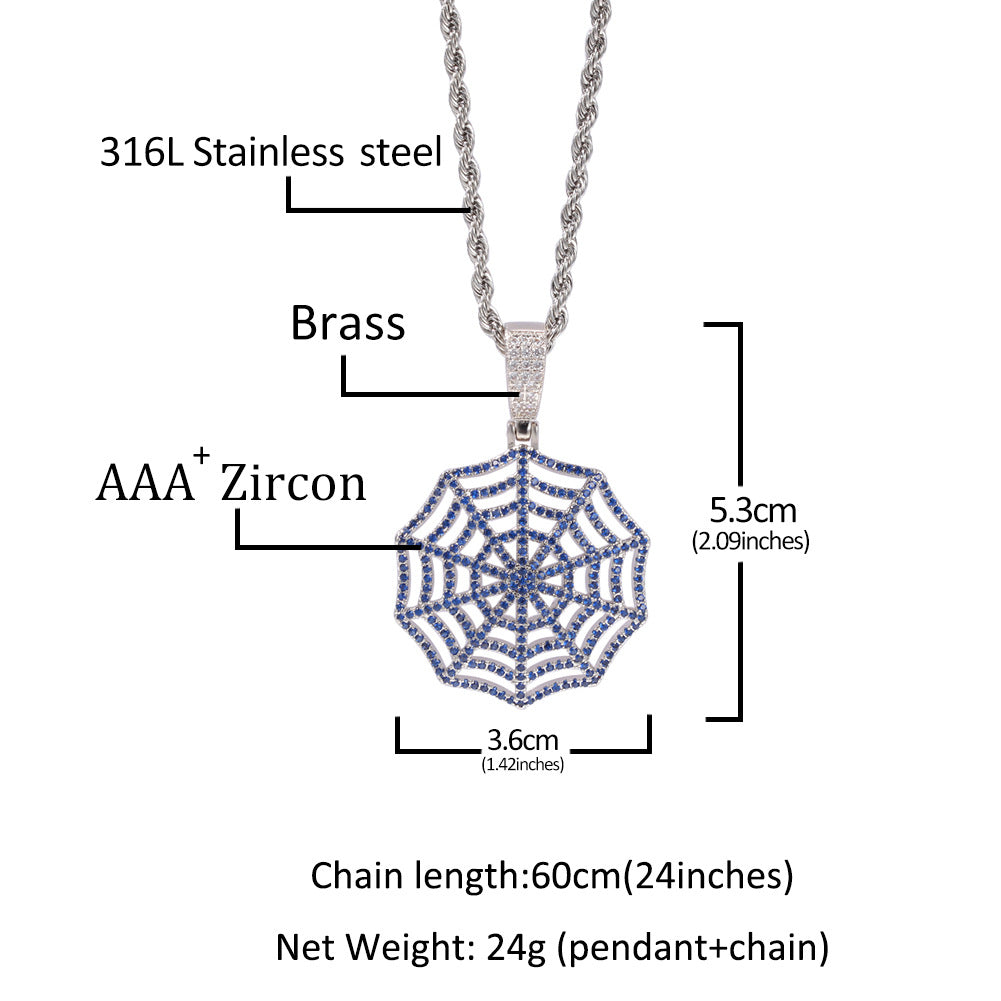 Iced Out Spider Web Pendant Necklace for Women & Men – Cubic Zirconia Statement Chain in Gold Plated or Silver Plated
