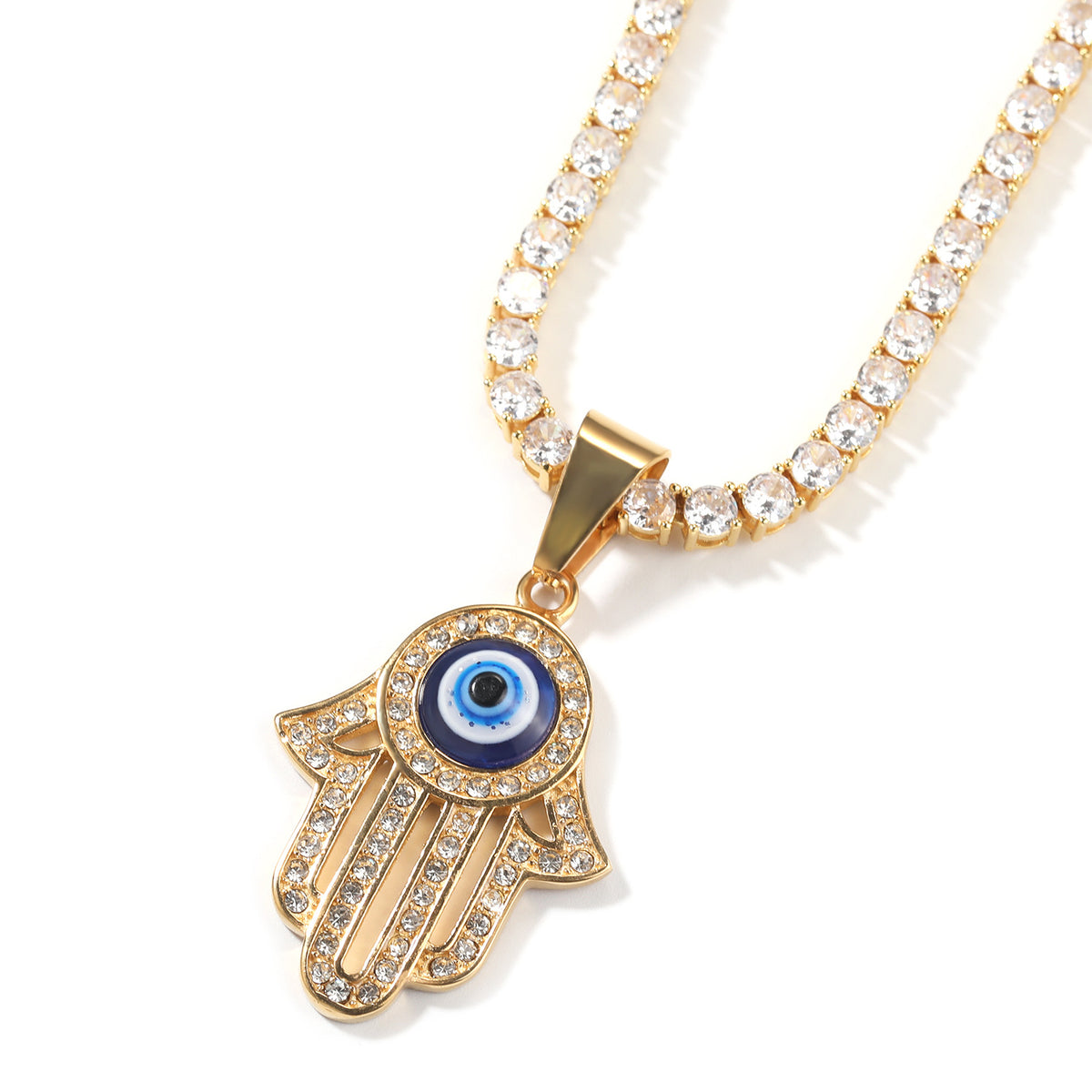 Gold Plated Evil Eye Hamsa Hand Pendant Necklace with Cubic Zirconia Hip Hop Statement Chain product image
