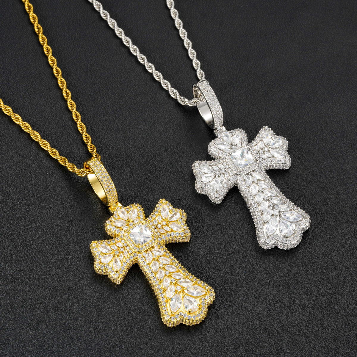 Cross Pendant Necklace with Cubic Zirconia Pave, 3MM Twist Chain, 24 Inch, White Tone or Yellow Tone, Hip Hop Style Jewelry product image