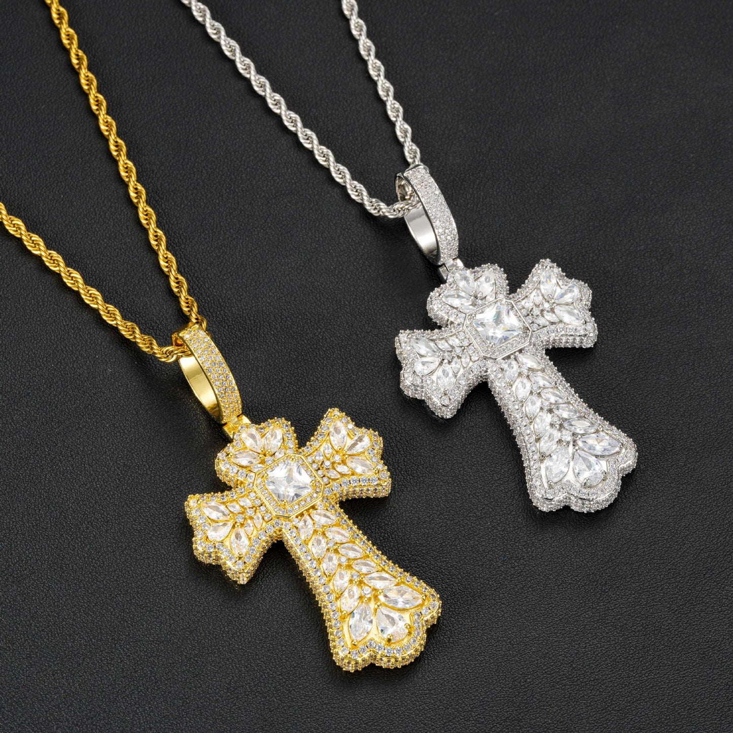 Cross Pendant Necklace with Zircon Pave, 3MM Twist Chain, 24 Inch, White Tone or Yellow Tone, Hip Hop Style Jewelry