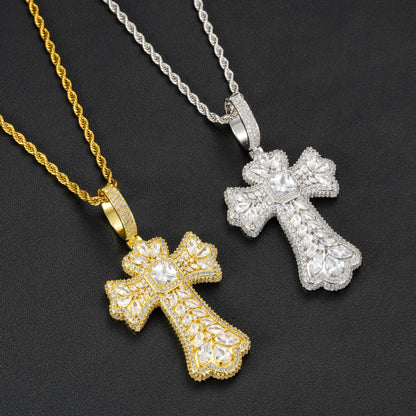 Cross Pendant Necklace with Cubic Zirconia Pave, 3MM Twist Chain, 24 Inch, White Tone or Yellow Tone, Hip Hop Style Jewelry
