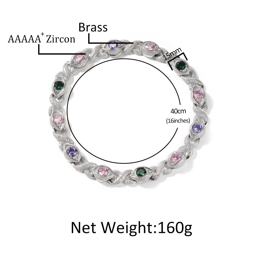 Iced Eye Cuban Link Chain Necklace Bracelet for Men in Silver Tone with Cubic Zirconia Pendant Detail
