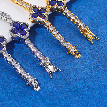 3 mm Blue Clover CZ Tennis Hip Hop Bracelet with Copper Base - CHA362
