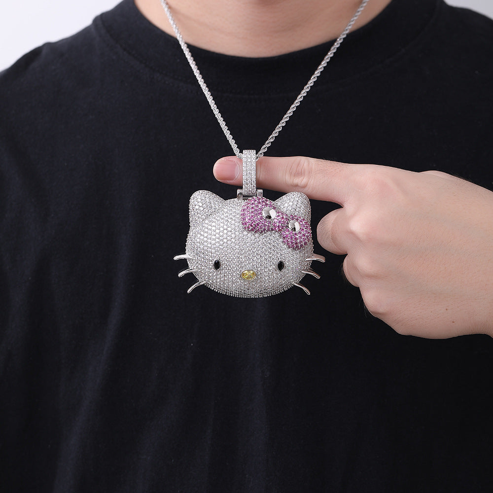 Cartoon Cat Face Rhinestone Pendant Necklace, Twisted Chain, Hip-Hop Style