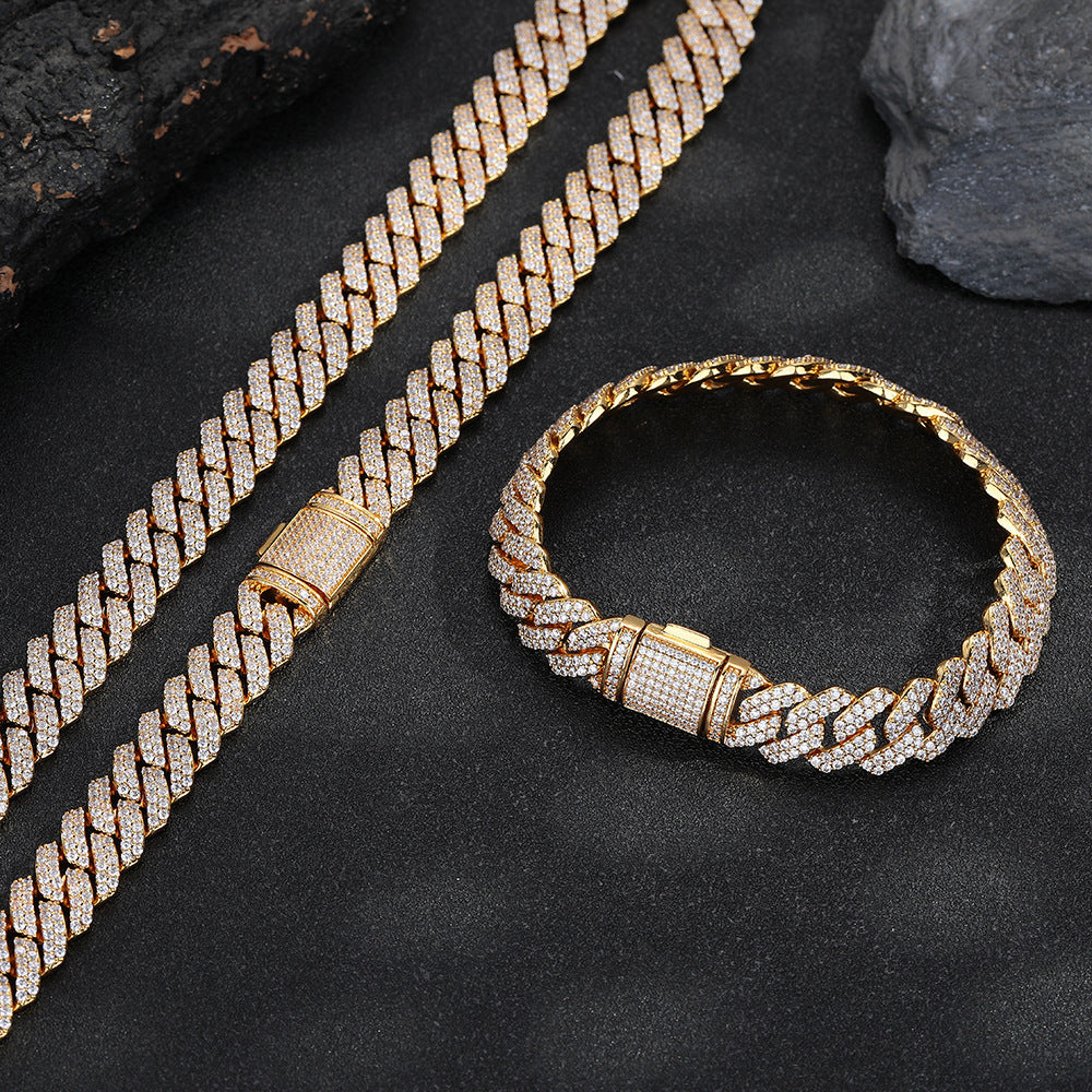 12mm Geometric Cuban Link Chain Necklace & Bracelet Set, Cubic Zirconia Hip Hop Jewelry product image