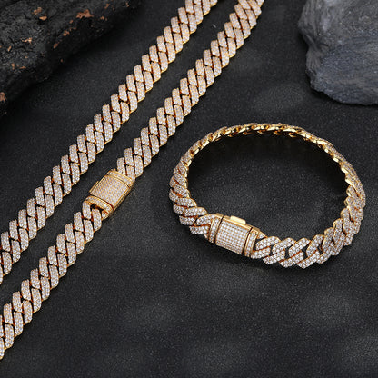 12mm Geometric Cuban Link Chain Necklace & Bracelet Set, Cubic Zirconia Hip Hop Jewelry