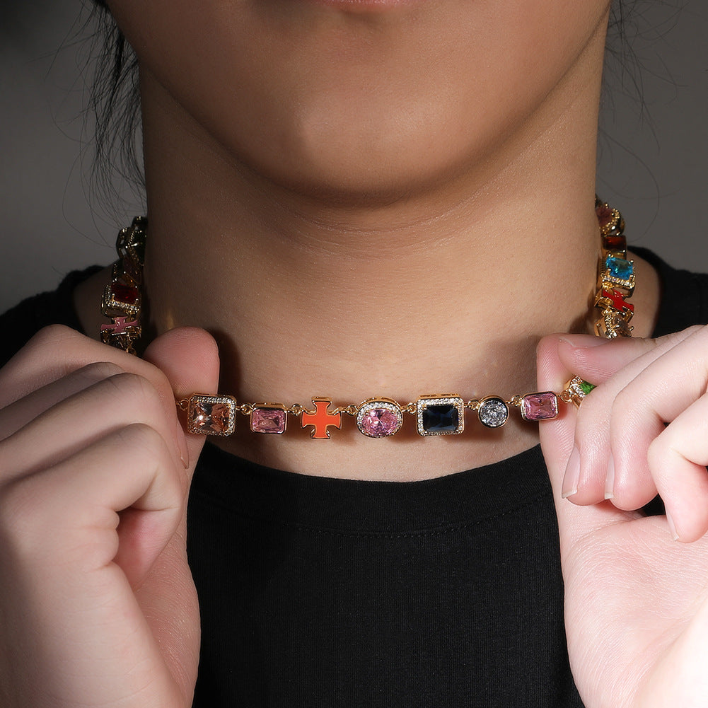 Hip Hop Statement Bracelet and Necklace Set for Women & Men, Colorful Geometric Chain Jewelry in Gold Tone and Silver Tone
