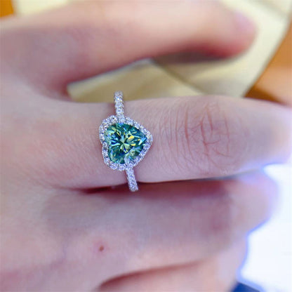 Green Heart Moissanite Halo Ring for Women, 1 Carat or 2 Carat Engagement Ring, Au750 White Gold Color