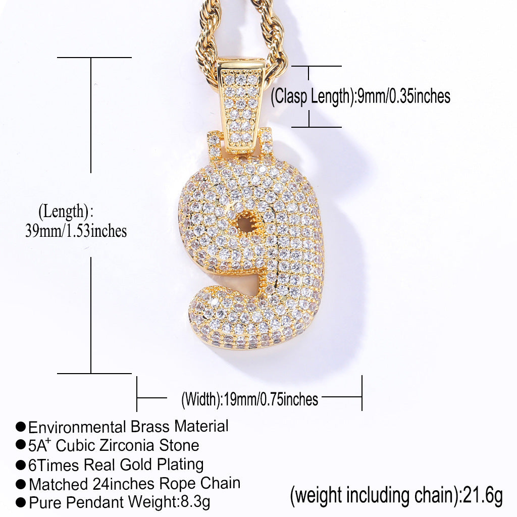 Hip Hop Minimalist Number Bubble Cubic Zirconia Pendant Necklace for Men and Women