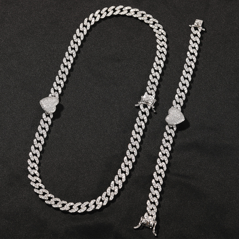 Men’s Iced Cuban Link Bracelet and Necklace Set with Cubic Zirconia, Gold Silver Rose Gold Chain Jewelry Set product image