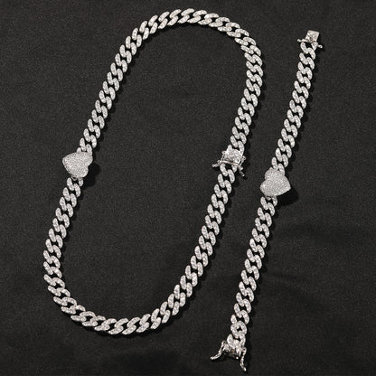 Men’s Iced Cuban Link Bracelet and Necklace Set with Cubic Zirconia, Gold Silver Rose Gold Chain Jewelry Set