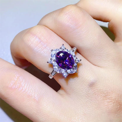 Purple Oval Moissanite Ring for Women, 2 Carat Halo Engagement Ring, U-Shaped Statement Ring