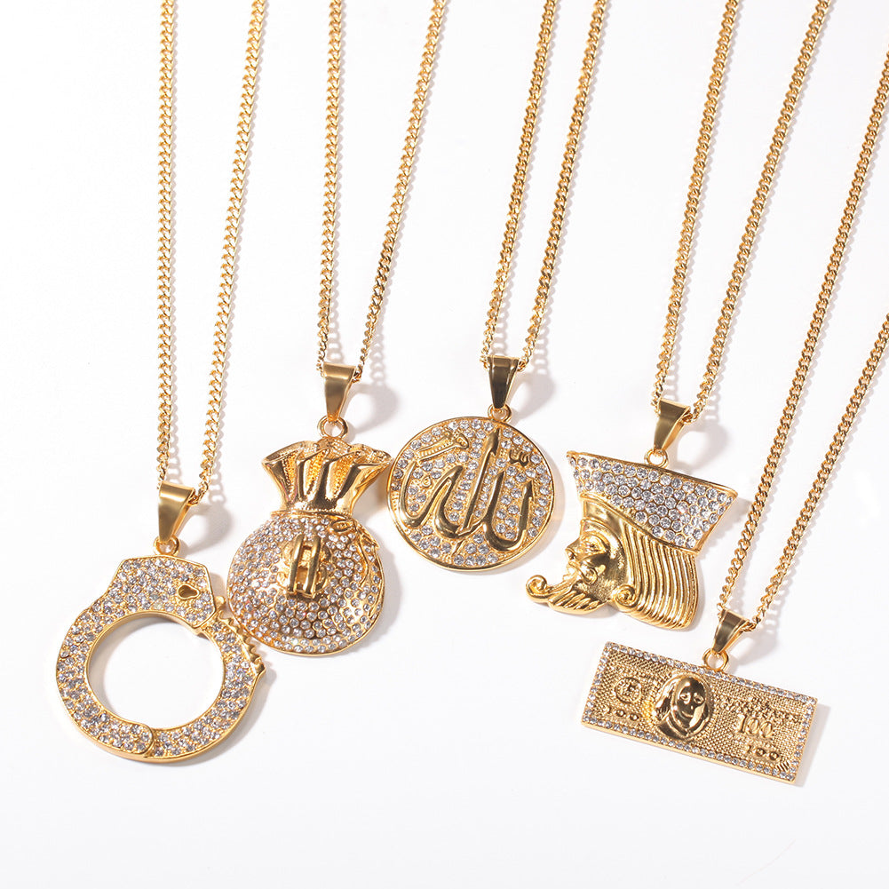 Iced Handcuff Pendant Necklace for Women and Men – Gold Plated Stainless Steel Cuban Chain Statement Necklace