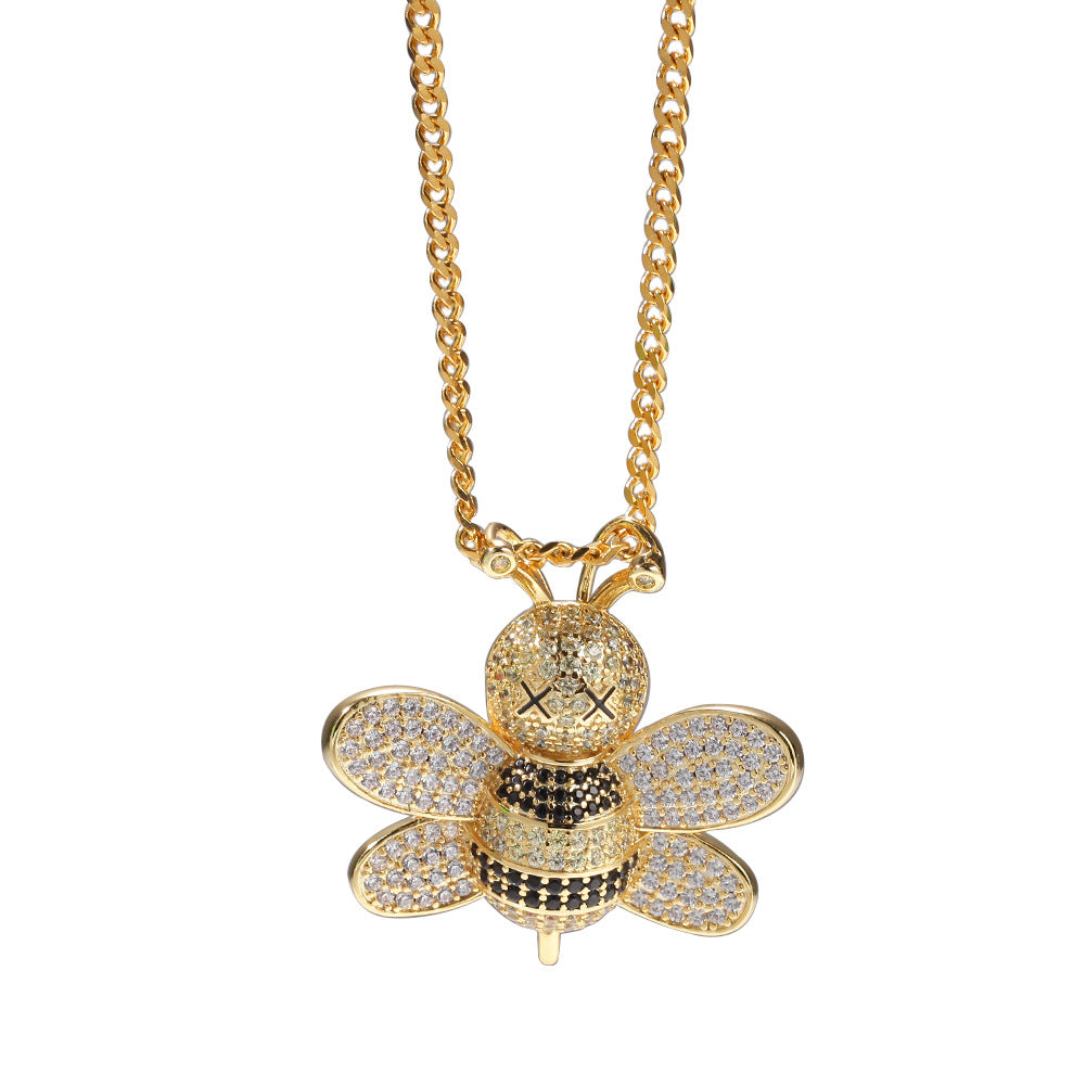 Iced Out Bee Pendant Necklace with Cuban Chain for Women Men, Cubic Zirconia Statement Necklace in Gold or Silver Tone