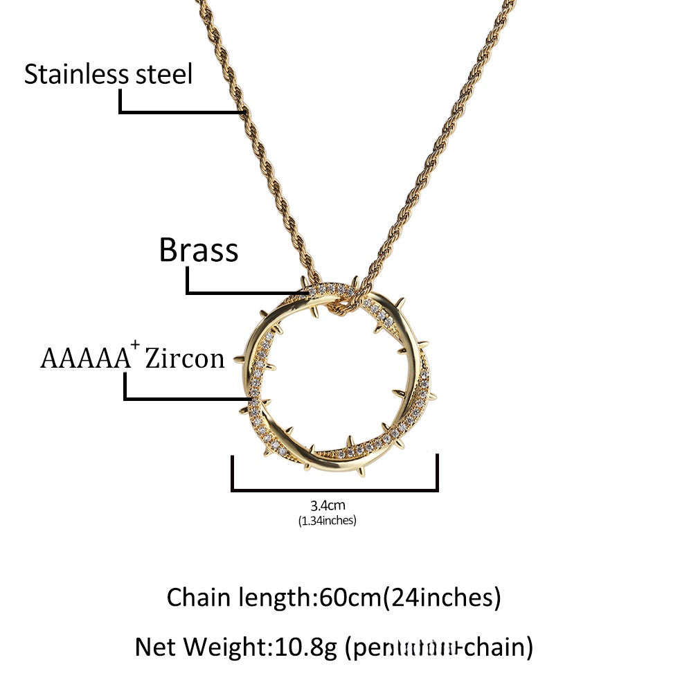 Crown Thorn Circle Pendant Necklace with Cubic Zirconia Rope Chain for Women