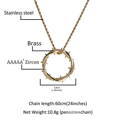 Crown Thorn Circle Pendant Necklace with Cubic Zirconia Rope Chain for Women