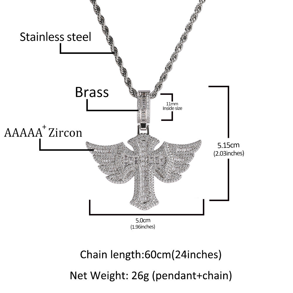Men’s Iced Winged Cross Pendant Necklace with sparkling stones, Gold Plated Copper Chain, Hip Hop Statement Jewelry product image