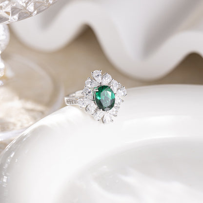 Green Lab-Grown Emerald Halo Ring, S925 Sterling Silver Ring for Women