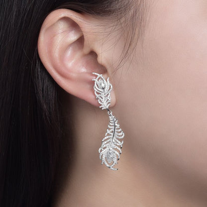 Feather Moissanite Drop Earrings for Women, S925 Silver 18K Gold Plated Ear Studs