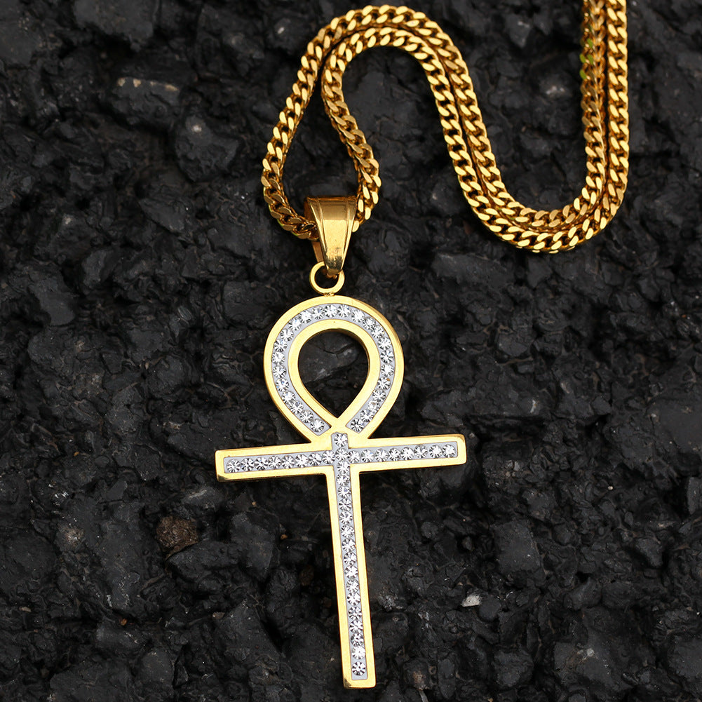 Minimalist Gold Plated Stainless Steel Ankh Pendant Necklace with Cubic Zirconia Chain for Women & Men