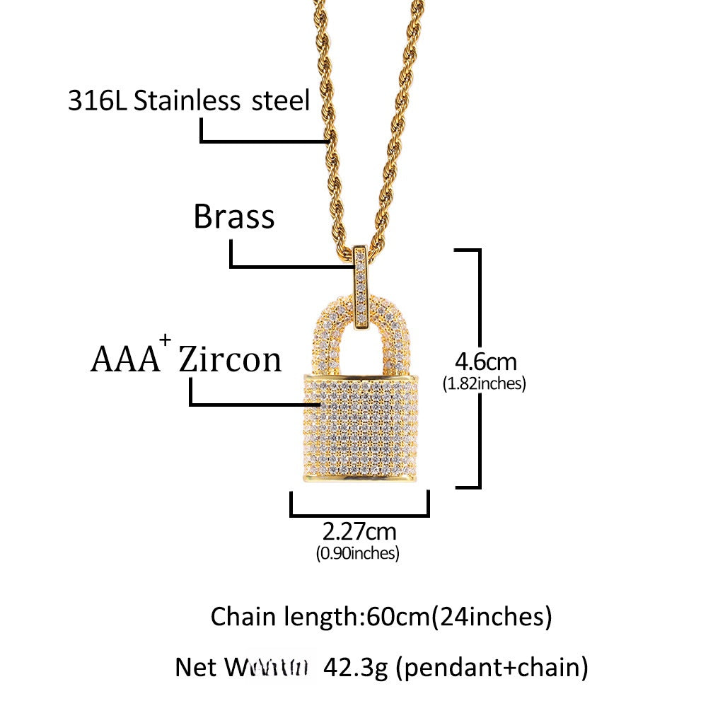 Iced Lock Pendant Necklace with Cuban Twist Chain for Women & Men - Gold Plated or Silver Plated Cubic Zirconia Statement Chain