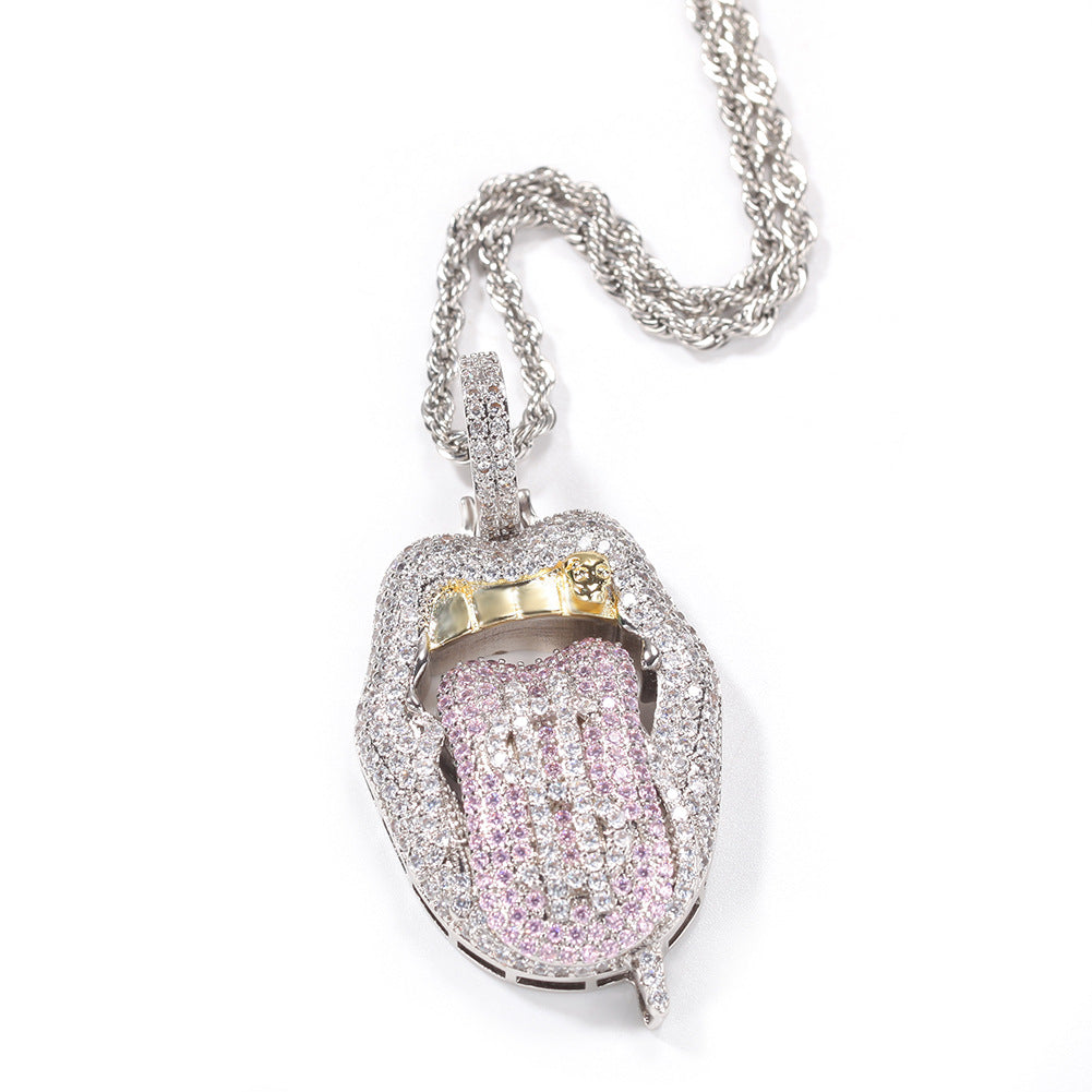 Iced Lip Pendant Necklace with Cubic Zirconia Twisted Chain for Women and Men – Statement Gold, Silver, Rose Gold Tone Necklace
