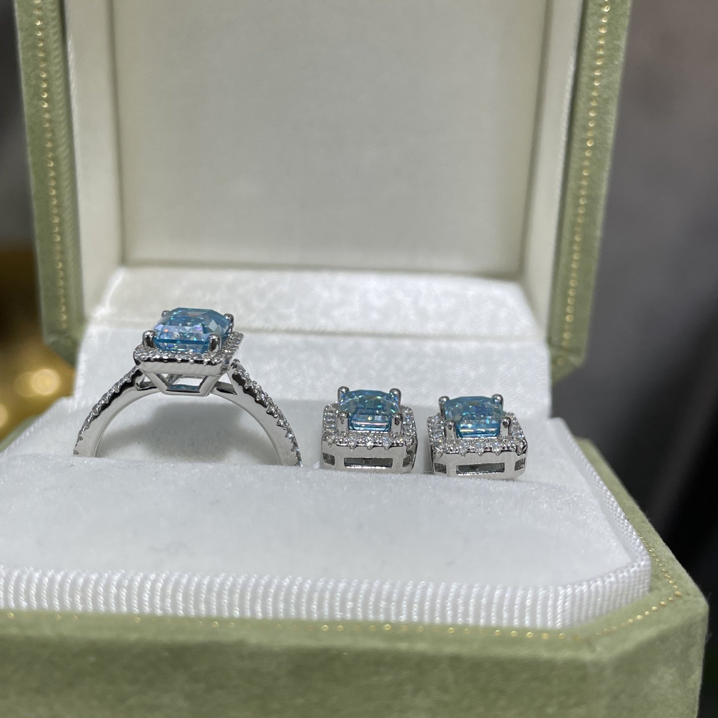 Blue Emerald-Cut Moissanite Ring & Earrings Set, 1-Carat, 18K Gold Plated S925 Silver product image