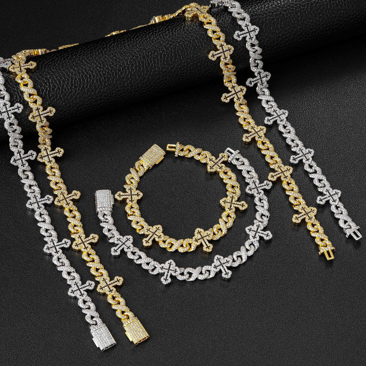 Iced Out Cross Cuban Link Chain Necklace & Bracelet, Cubic Zirconia Hip Hop Jewelry product image