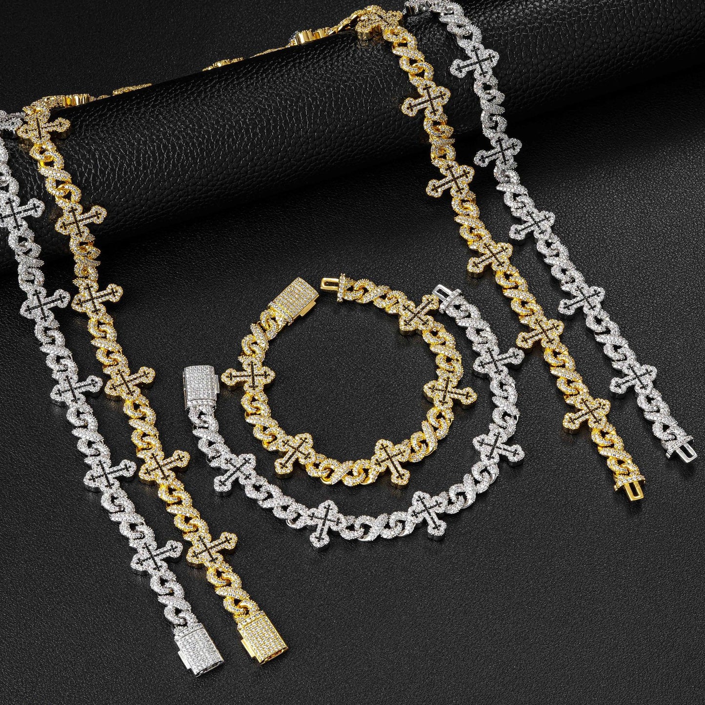 Iced Out Cross Cuban Link Chain Necklace & Bracelet, Zircon Hip Hop Jewelry