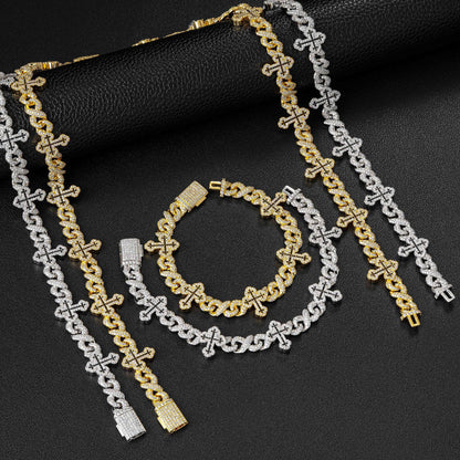 Iced Out Cross Cuban Link Chain Necklace & Bracelet, Cubic Zirconia Hip Hop Jewelry