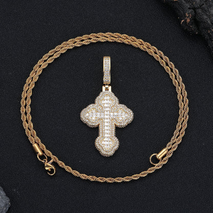 Cross Pendant Necklace with Cubic Zirconia, 3mm Twisted Rope Chain, 24 Inch, Gold Tone / White Gold Tone