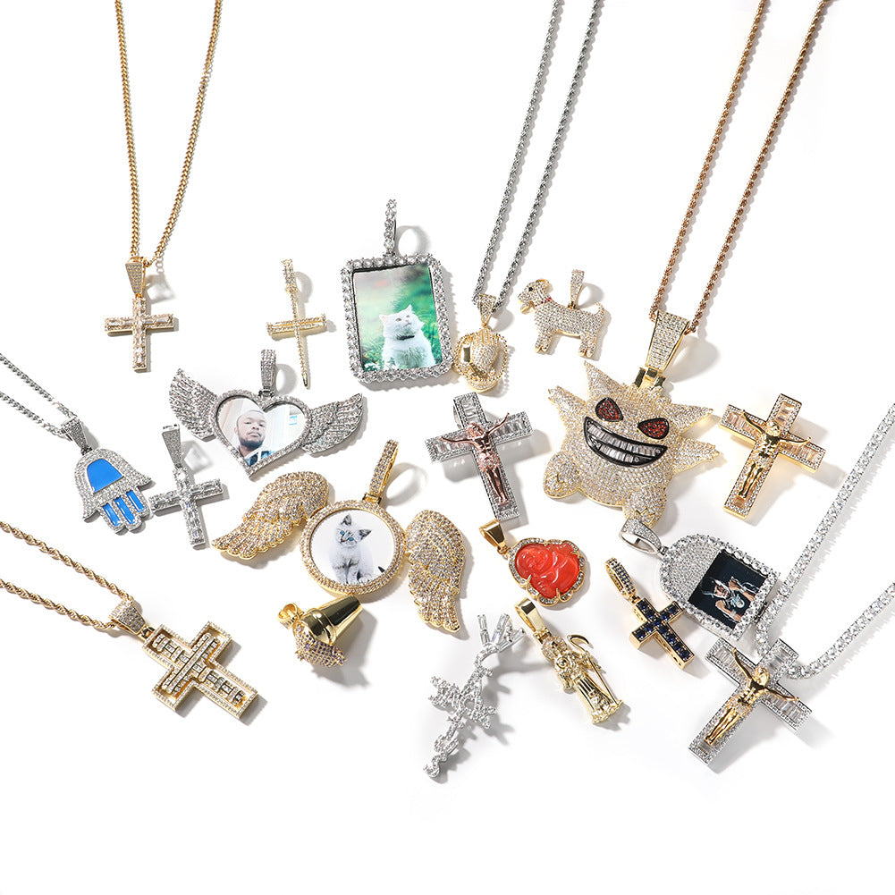 Iced Cubic Zirconia Pendant Necklace for Women – Gold & Silver Plated Statement Chain with Cross, Photo Locket, Fatima Hand, Goat, Ice Cream & Geometric Charms