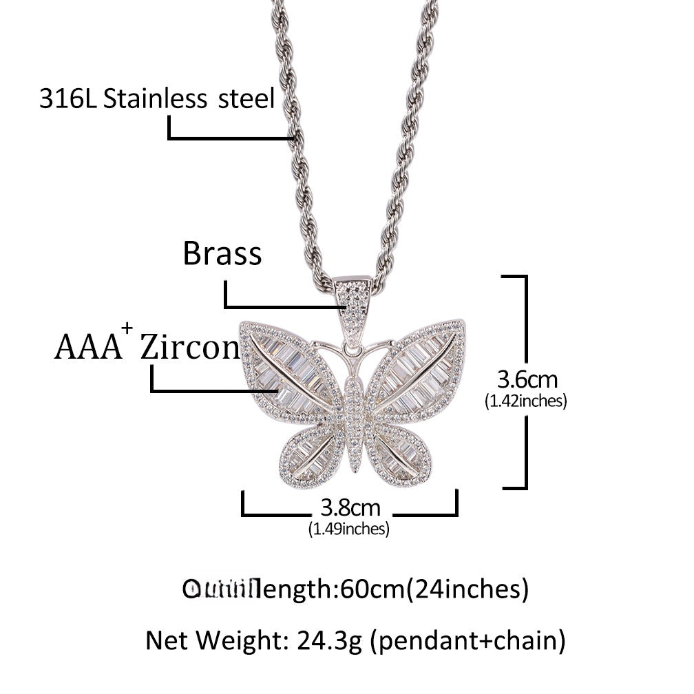 Butterfly Cubic Zirconia Pendant Necklace for Women & Men – Gold Plated or Silver Plated Chain Necklace in Twisted Rope or Cuban Chain product image