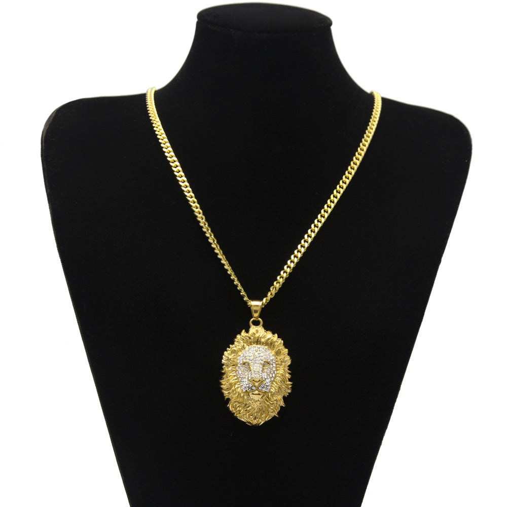 Gold Stainless Steel Lion Head Pendant Necklace with cubic zirconia Cuban Chain product image