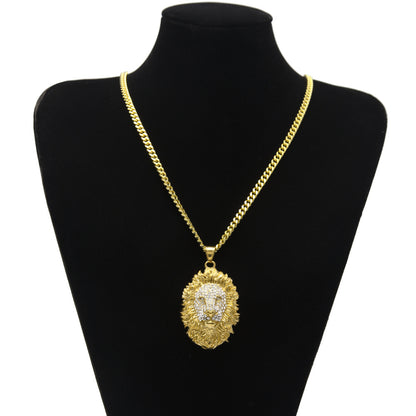 Gold Stainless Steel Lion Head Pendant Necklace with cubic zirconia Cuban Chain