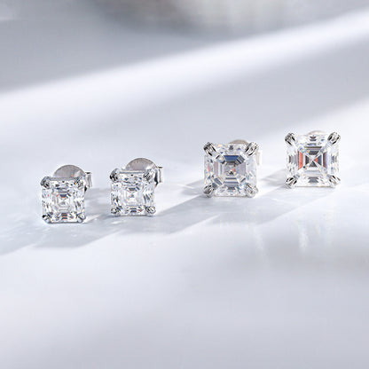 2 Carat Asscher Cut Moissanite Stud Earrings, 925 Silver, D Color, Unisex Square Sparkle