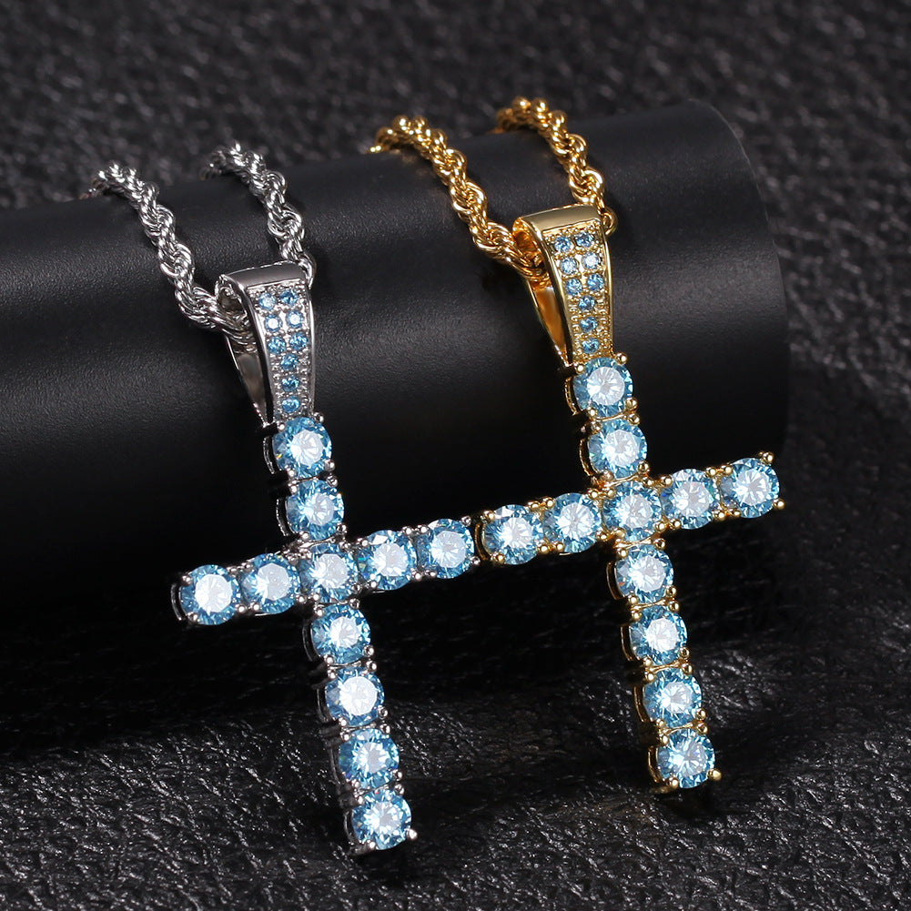 Unisex Cross Pendant Necklace with Cubic Zirconia – Gold & Silver Tone Hip Hop Statement Chain