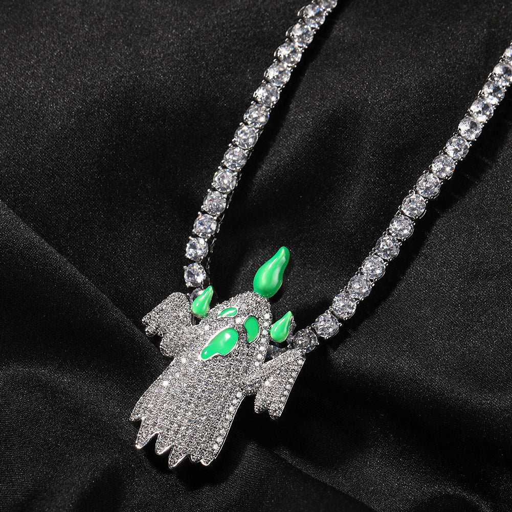 Iced Ghost Pendant Necklace for Women – Glow in the Dark Cubic Zirconia Hip Hop Chain in Gold or Silver