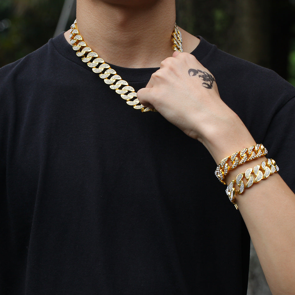 Iced Out Gold Tone Cuban Link Necklace & Bracelet Set for Women and Men