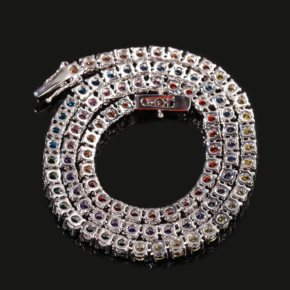 Unisex Rainbow Tennis Chain Necklace with Cubic Zirconia Pendant Look, Gold Plated & Silver Plated Statement Jewelry