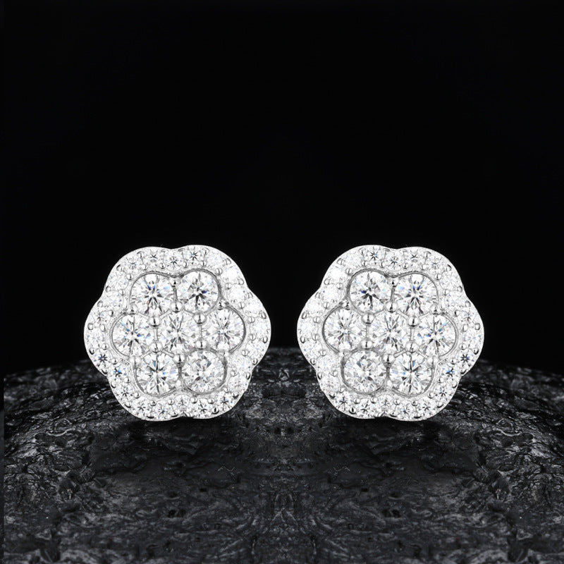 925 Silver Moissanite Flower Stud Earrings for Women and Men, Geometric Round Hip Hop Earrings product image