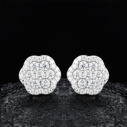 925 Silver Moissanite Flower Stud Earrings for Women and Men, Geometric Round Hip Hop Earrings