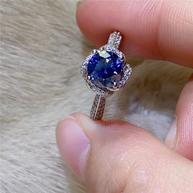 Blue Moissanite Halo Ring for Women, 1 Carat U-Shape Engagement Ring Style product image